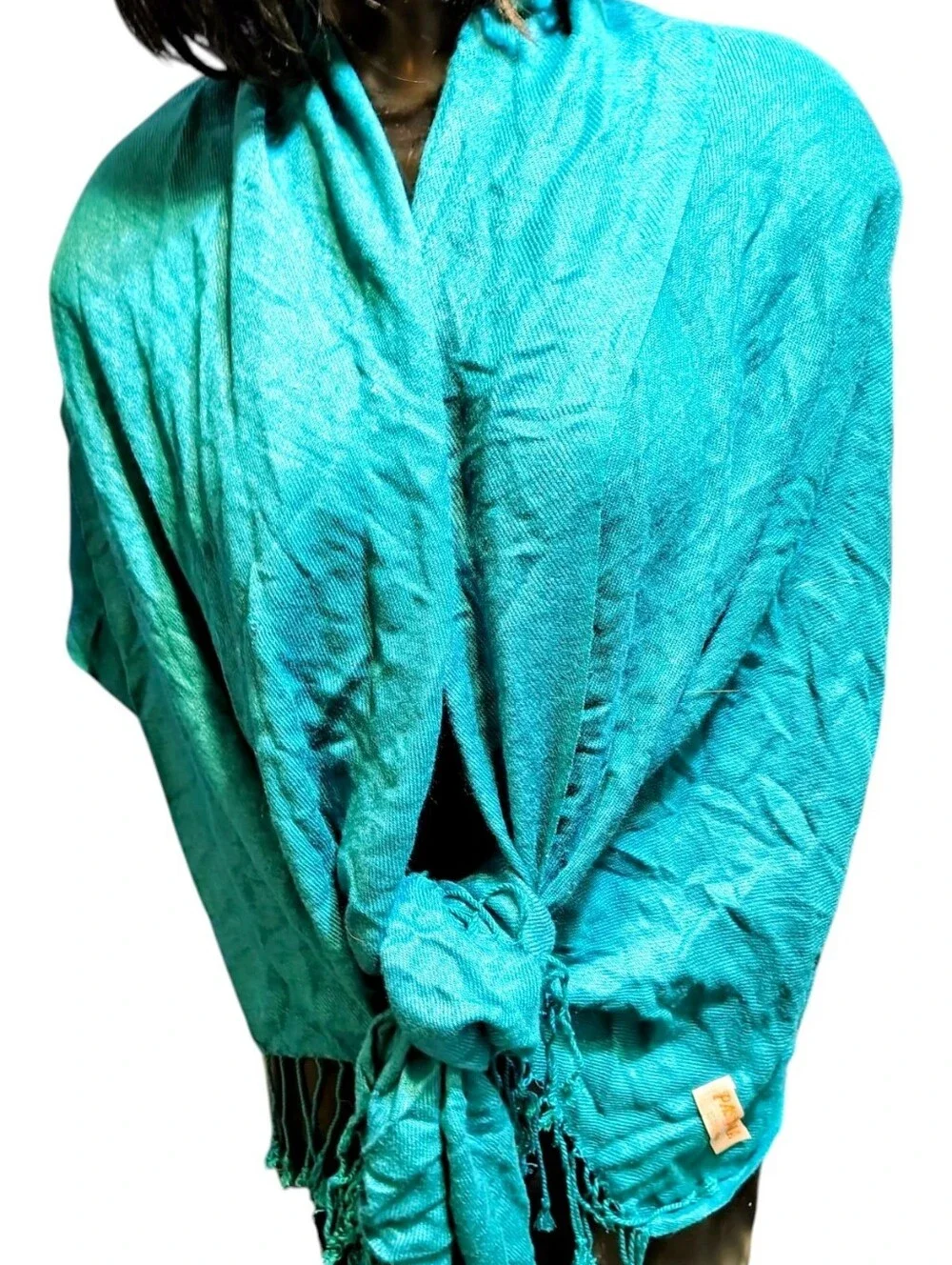 Authentic 100% Pashmina Scarf Shawl Wrap Teal Turquoise Blue Fringe Retro Boho